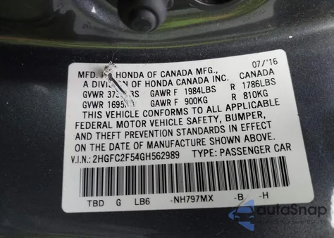 2016 Honda Civic Lx z USA, uszkodzony, nr VIN 2HGFC2F54GH562989